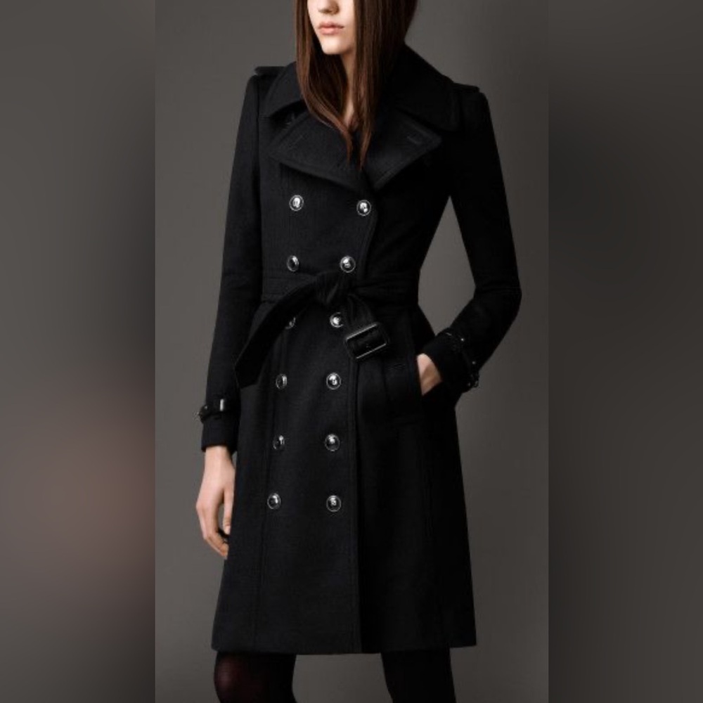Burberry London Prorsum Wool Cashmere Military Double Breasted Black Trench Coat